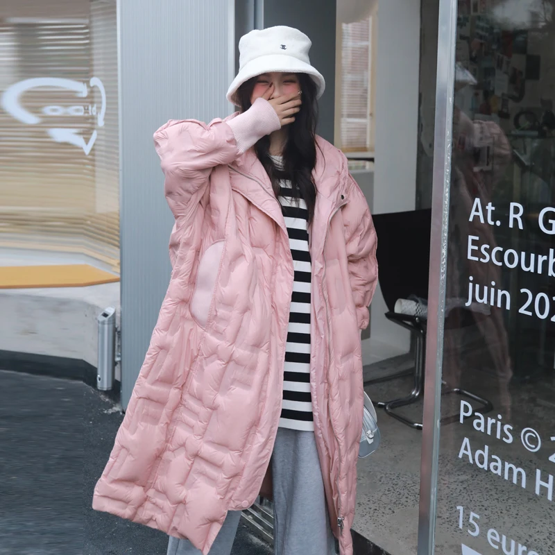 2022 Women's winter jacket Pink Elegant Warm Oversized hooded letter down coat Sweet Female long puffer overcoat INKEO 9O098