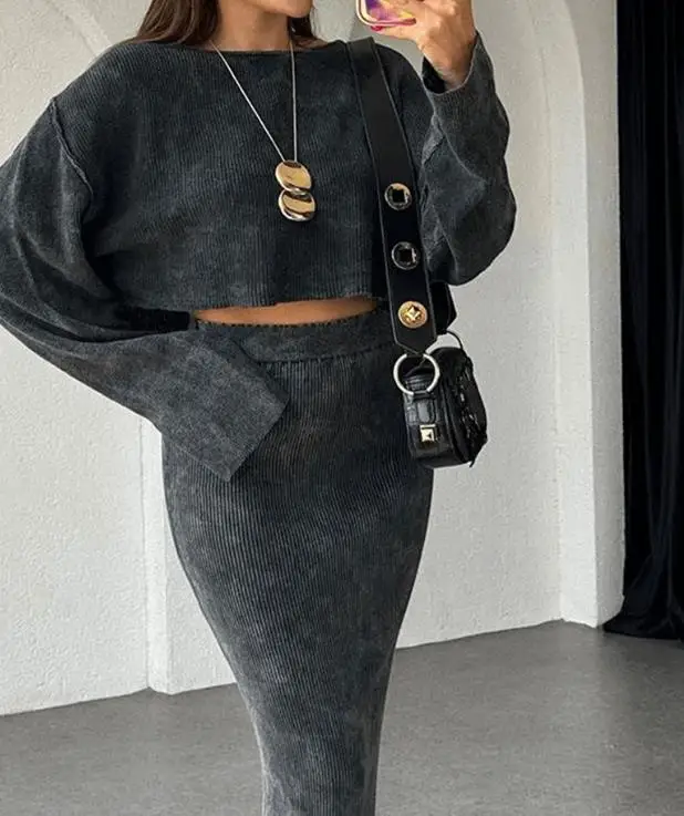 Женская Осенняя одежда модный топ с коротким рукавом и юбка высокой талией