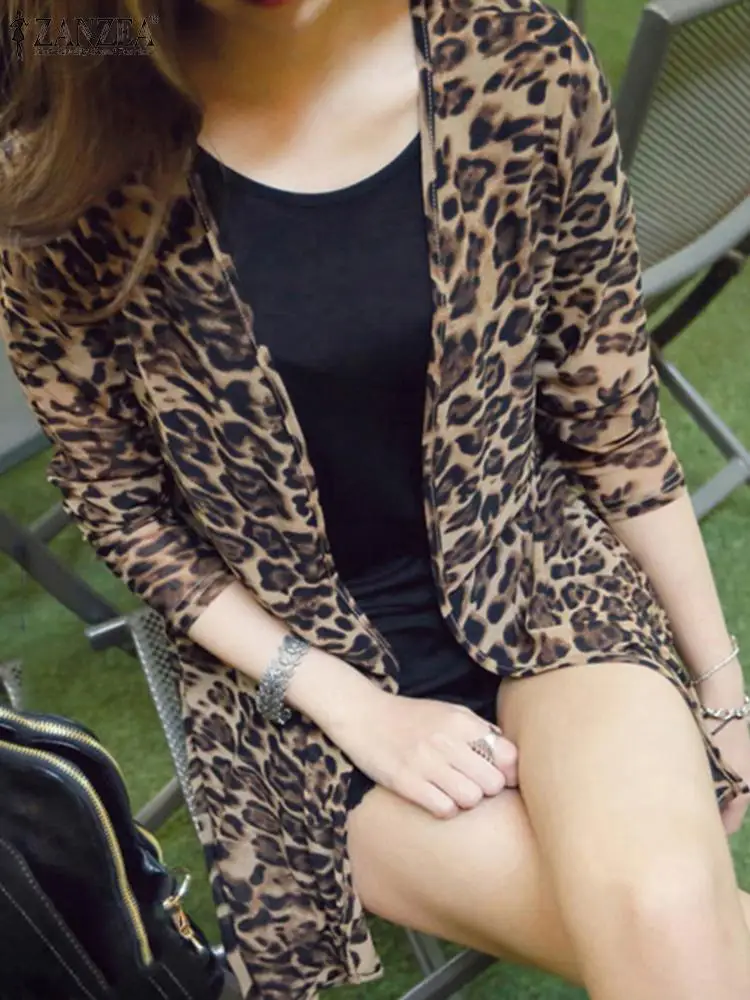 

Women Leopard Printed Beach Kimono Shirt ZANZEA Spring Bohemian Cardigan Casual Open Front Long Sleeve Blouse Vintage Long Tops