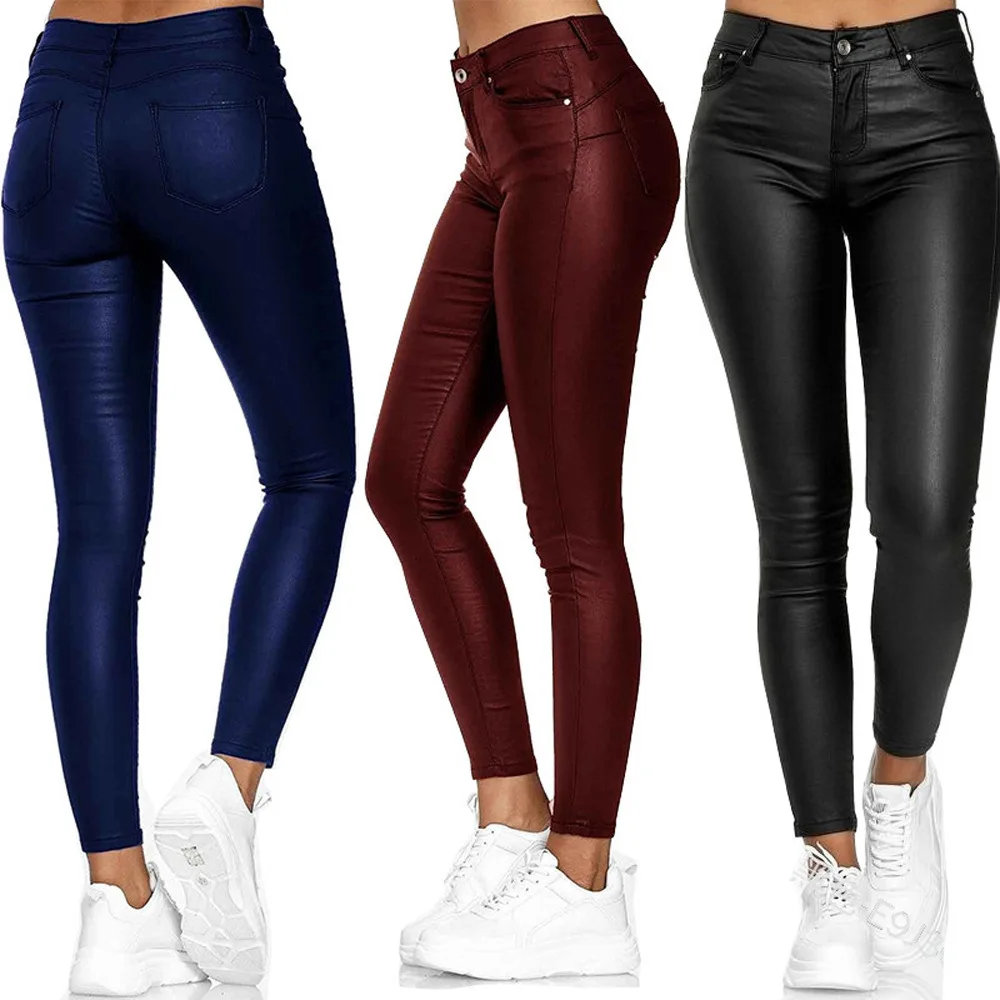 Women's Spring High Waist Solid Color Leather Casual Pants Skinny Pants Ladies Casual High Street PU Leather Pants Long Pants