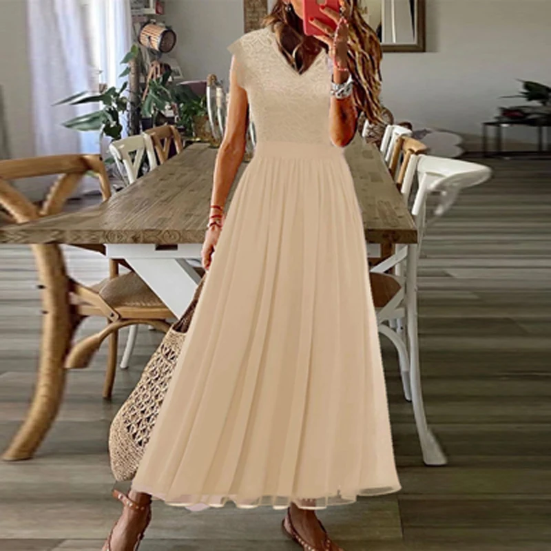 

Женское кружевное платье без рукавов, длинное однотонное ажурное платье составного кроя с V-образным вырезом и широким подолом, лето 2022