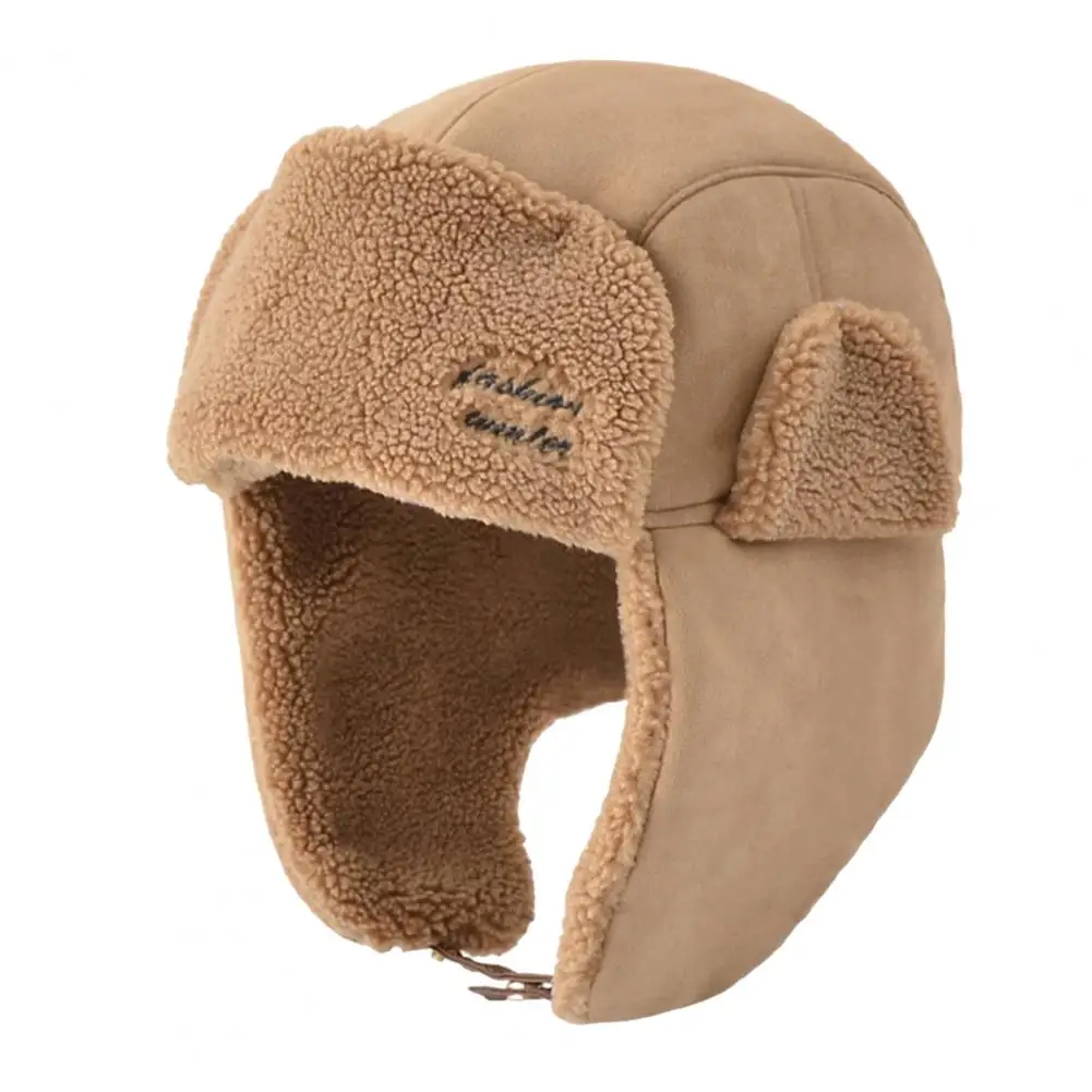 

Earflap Hat Sherpa Splicing Letter Embroidery Thickened Button Closure Soft Keep Warm Winter Thermal Men Trapper Hunting Cap