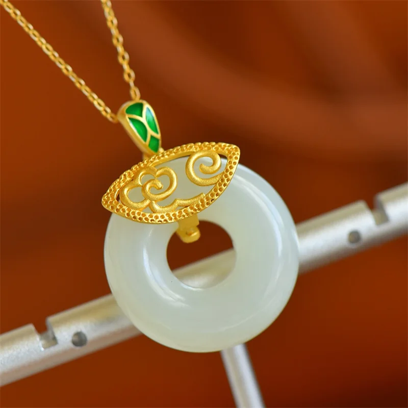 

MaiChuang/Silver Inlaid Hetian White Jade Pingan Buckle Necklace Pendant Fashion Elegant Personality Charm Jewelry Menwomen Gift