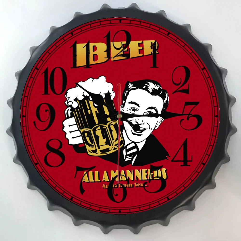 

Vintage Tinplate Decorative Plaques Beer Cover Silent Wall Clock Metal Painting Tin Signs Diameter 35 CM Round Wall Watch Mural