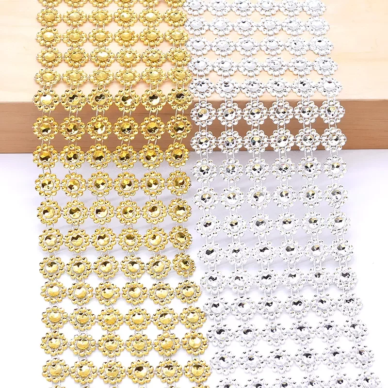 

1Yard 10cm Gold Silver Flower Crystal Rhinestone Ribbon Tape Diamond Mesh Roll DIY Sewing Craft Flower Gift Wrapping Wed Decor
