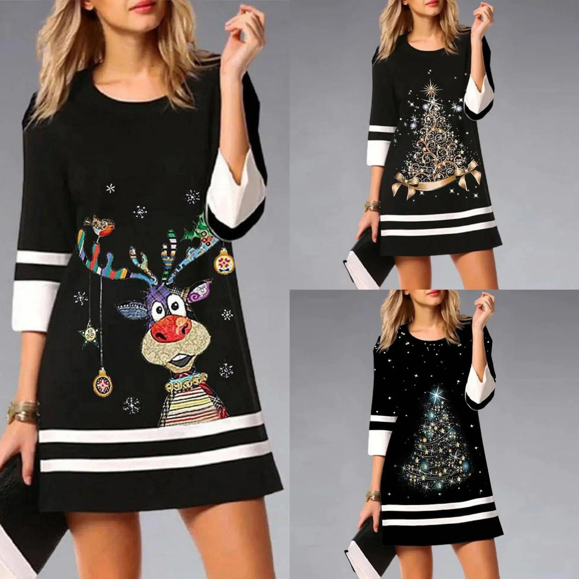 

S-4XL Maxi Dresses for Woman Dress Autumn Women Three Quarter Sleeve O-neck Polyester Printing Mini Dress Christmas Dress