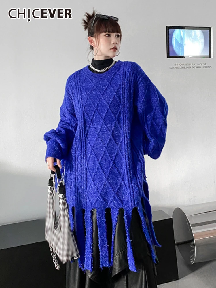 

CHICEVER Elegant Dresses For Women Round Neck Long Sleeve High Waist Hem Hollow Out Tassel Temperament Dress Female Autumn New