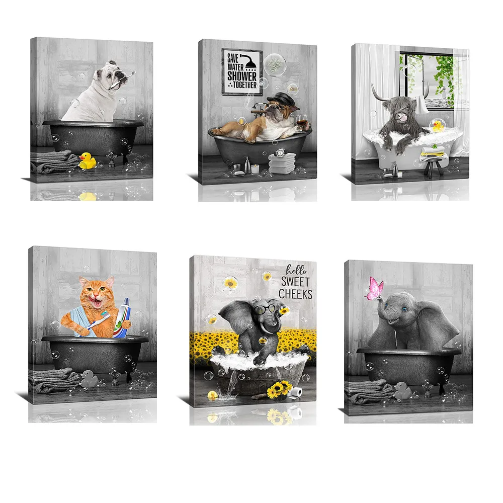 

Bathtub Dog Cat Elephant Bathroom Decor Canvas Anime Poster Adorable Animal Wall Art Picture Painting For Living Room Home Decor