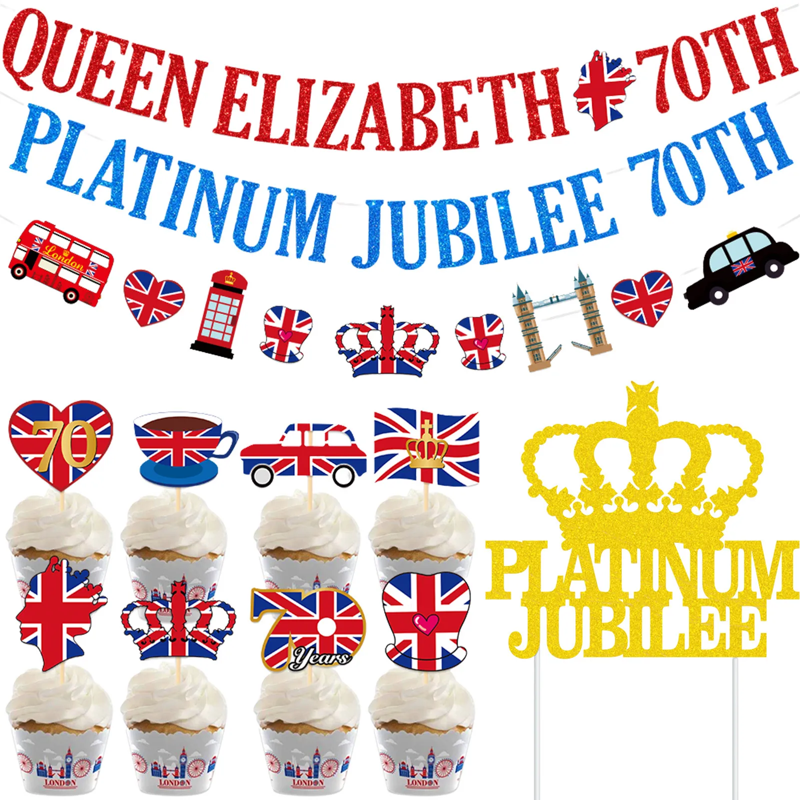 

Украшения для торта Union Jack, 12 шт. короны Union Jack, топперы для кексов, Великобритания, королева, платина, Юбилейный стол, вечерние для еды