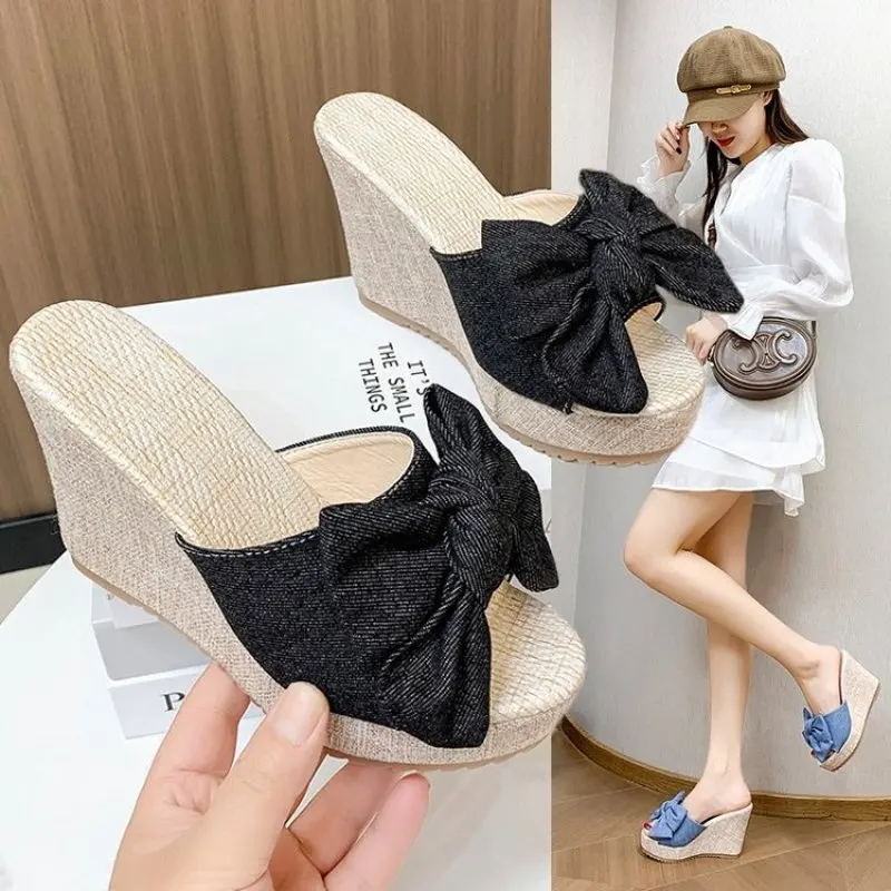 

High Wedge Slippers Women Faux Suede Big Butterfly Knot Sandals Woman Summer Open Toe Slides Linen Platform Slippers High Heels