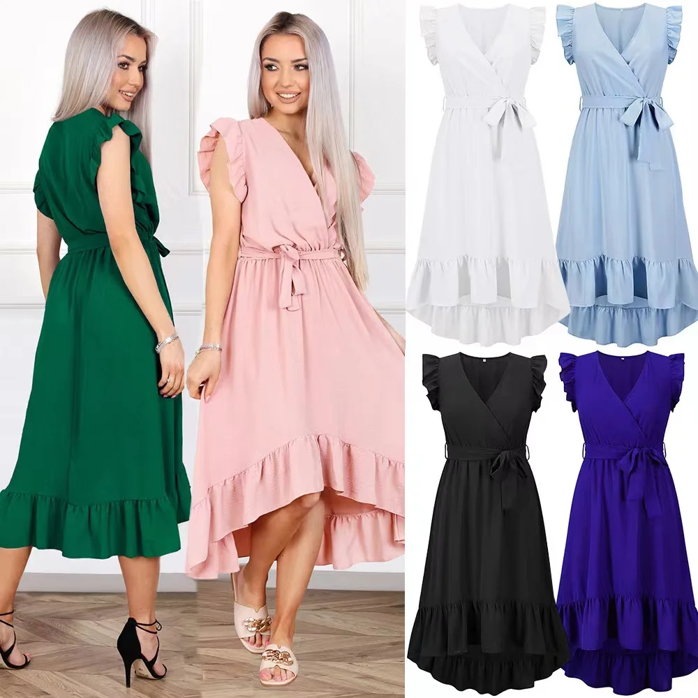 

Летнее новое платье с V-образным вырезом, сексуальная женская элегантная сексуальная Длинная юбка со шнуровкой, однотонная простая и удобна...