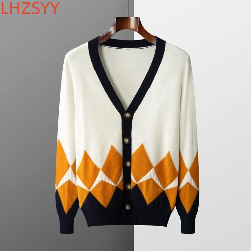 LHZSYY 100%Pure Wool Cardigan Men V-Neck Cashmere KnitCoat Jacquard Casual Youth Jacket Fashion Loose Sweater Men Warm Top Shirt