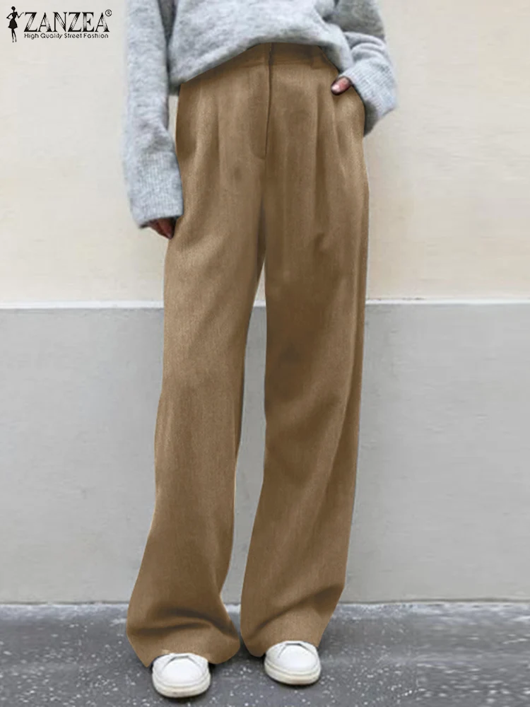 

ZANZEA Spring Long Trousers 2023 New Fashion Women Wide Leg Pants High Waist Straight Pant Korean Loose Sweatpants Steetwear