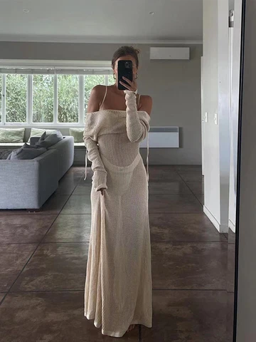Cotton Knit Hollow Long-sleeved Dresses Women's Solid Perspective Swimsuits Long Blouse Summer Beach Vacation Wrap Buttock Dress