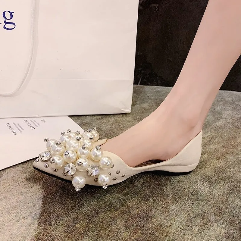 2023 New Pearl Pointed Toe Shallow Women Shoes Zapatos De Mujer Spring Casual Shoe PU Leather Slip on Basic Flats Casual