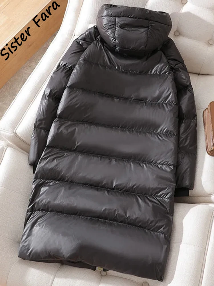 Sister Fara White Duck Down Jacket Thicken Hooded Warm Over-The-Knee Coat Unisex Winter Black Long Down Parka Puffer Jacket Coat