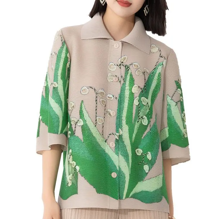 

Miyake Printed Peplum Top Women's 2023 Summer New Loose Temperament Lapel Three-Quarter Sleeve Single-Breasted Stretch Shirt