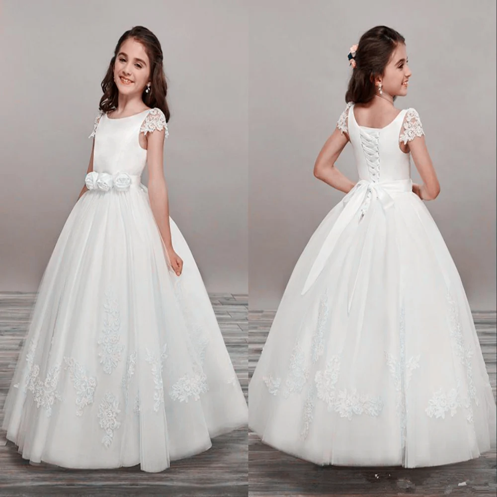 

First Communion Flower Dresses For Girls Scoop Backless Appliques Flower Dress Bows Tulle Ball Gown Pageant