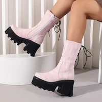 back lace up women half knee high boots animal prints leather thick bottom platform shoes square heels female booty