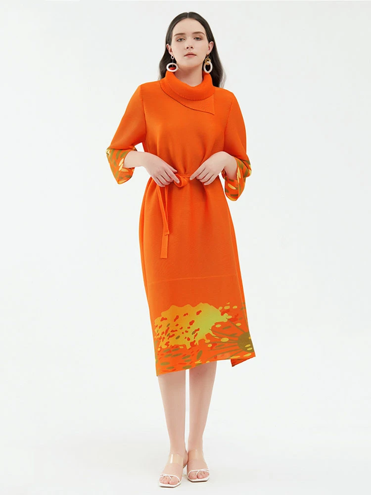 

Miyake Pleated Dress Women Printing Designer Turn-down Collar With Belt Plus Size Elegant Christmas Festival Clothing Trend
