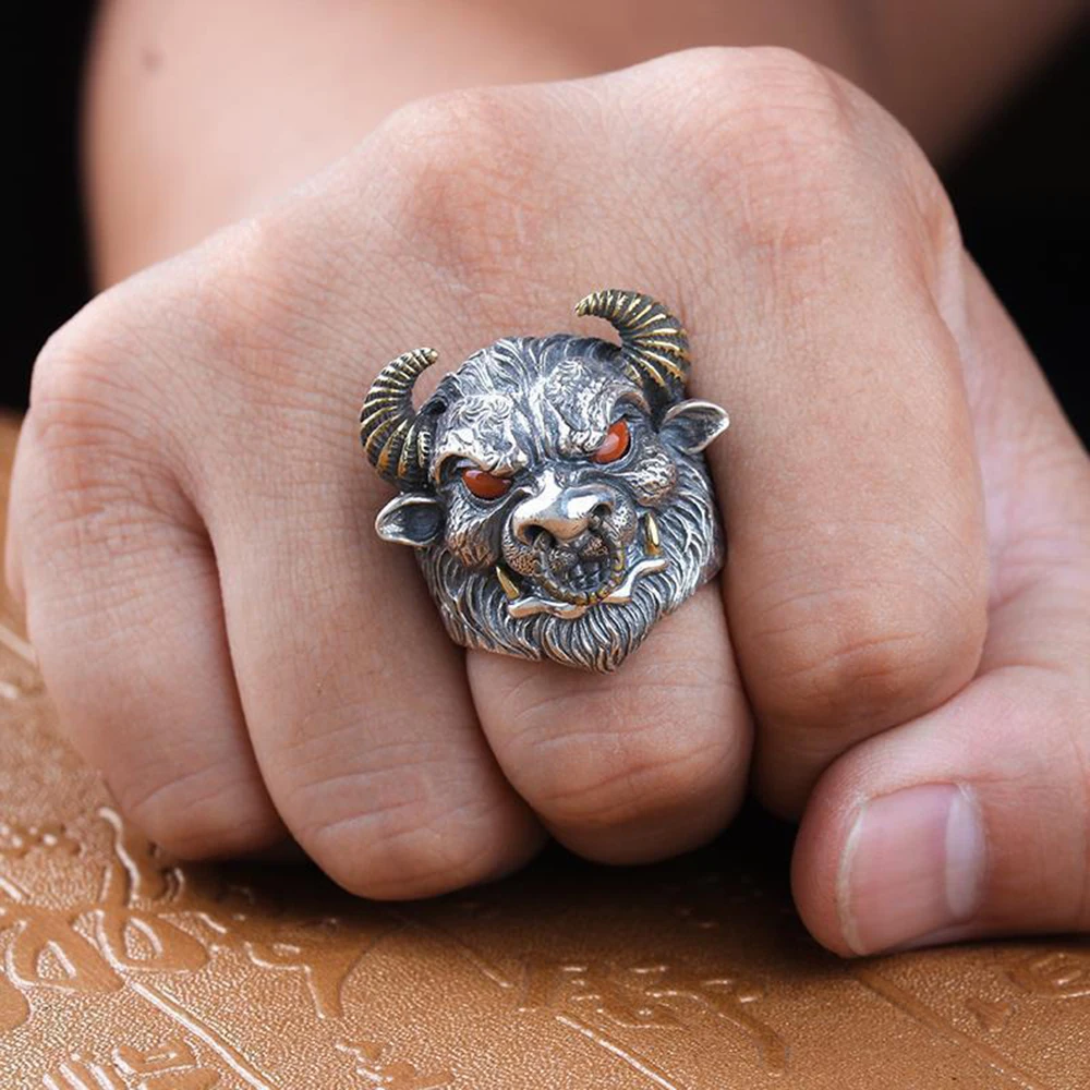 

Vintage Domineering Bull Head Ring Men's Personalized Retro Cool Punk Hip Hop Animal Open Ring Male Jewelry Gift