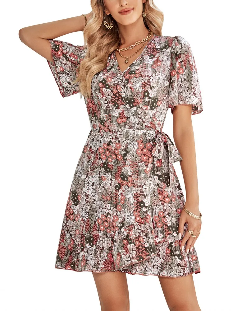 

Женское платье с цветочным принтом, Повседневное платье с V-образным вырезом, коротким рукавом и оборками, модная женская одежда, женское пл...