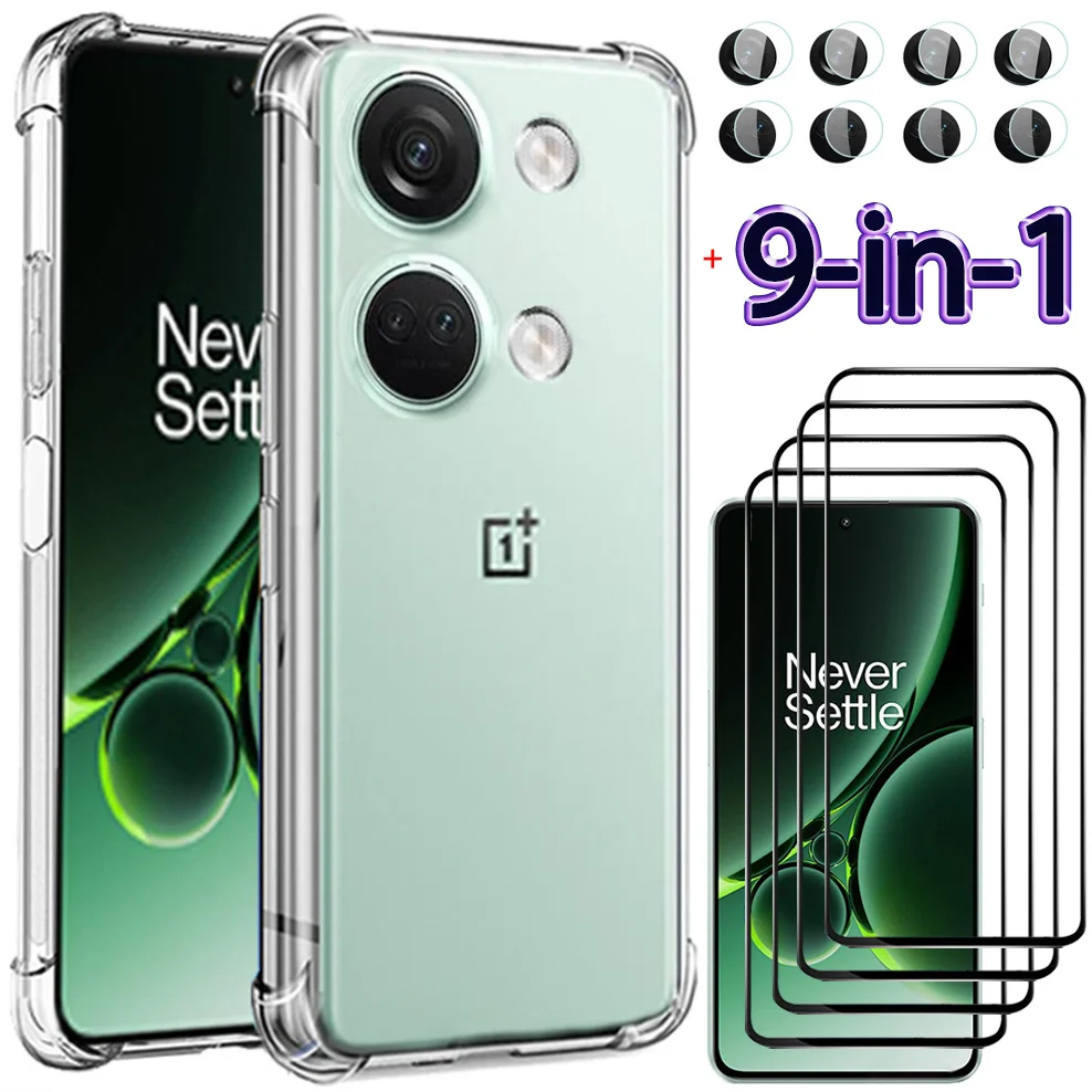 

9-in-1, Silicone Case + Glass for OnePlus Nord3 CE3 Lite Soft Shockproof Clear Phone Cases CE 3 Lite Cover One Plus Nord 3 Case