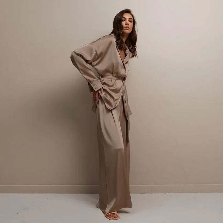 Spring Autumn Women's Long Sleeve Pajamas Set Sexy Pajamas Simulated Silk Simple French Home Clothes Trousers Loose Leisure New