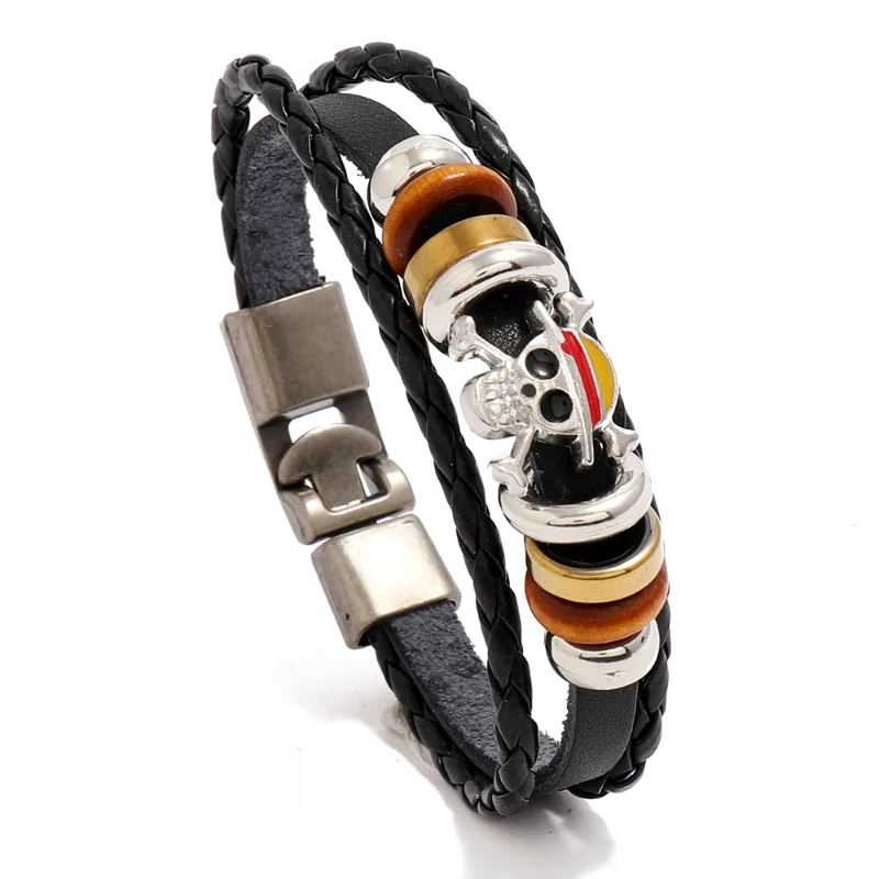 

One Piece Luffy Pirate Bracelet Cartoon Action Figure Toy Straw Hat Punk Black Leather Braided Bracelet Cosplay Accessories Gift