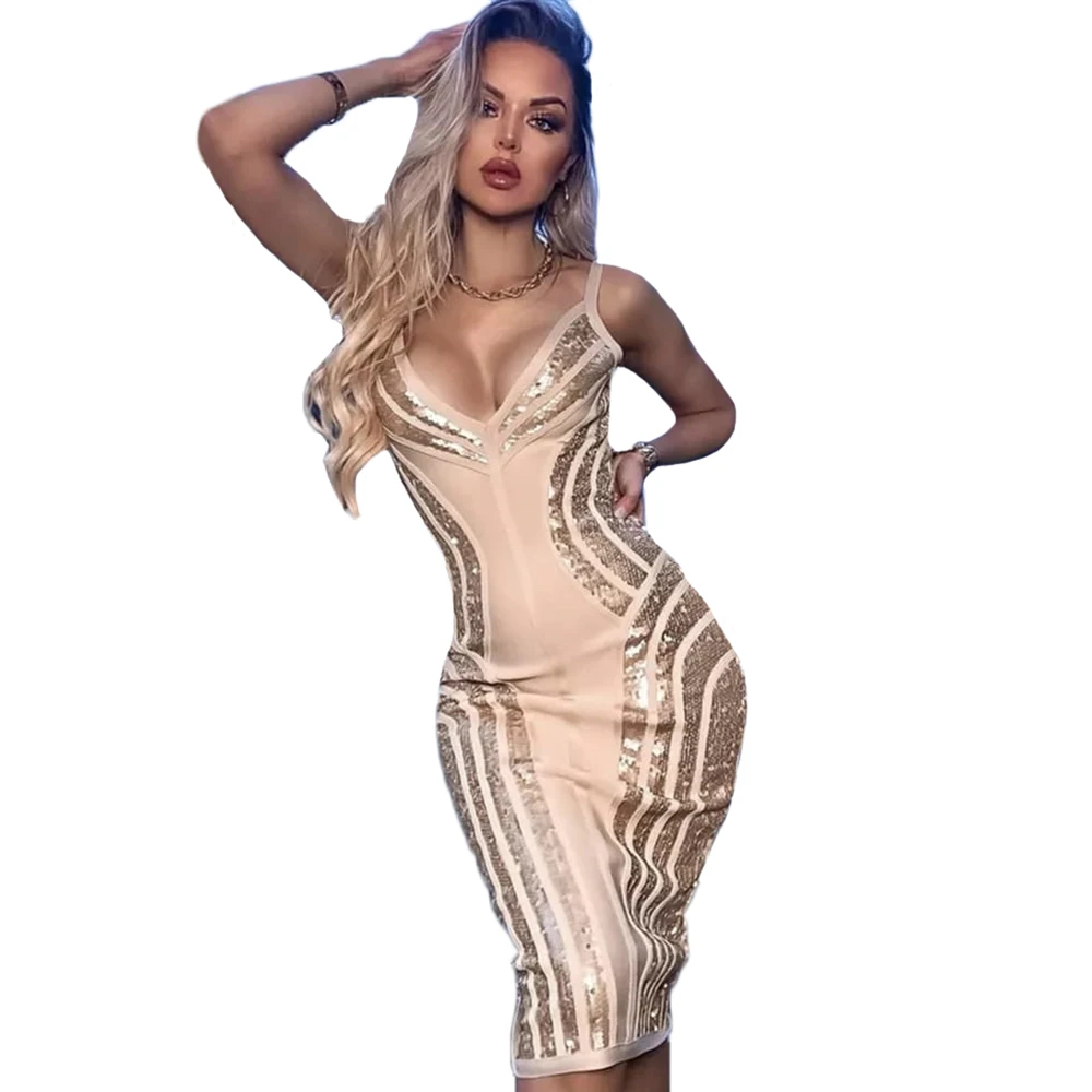 

Bodycon Bandages Dress 2022 New Women Sexy Spaghetti Strap Sequins Clothes Club Party Evening Dress
