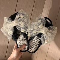rustic farmhouse style linen slipper for women girls fashion kawaii woman sweet lace bow house slippers funny shoes