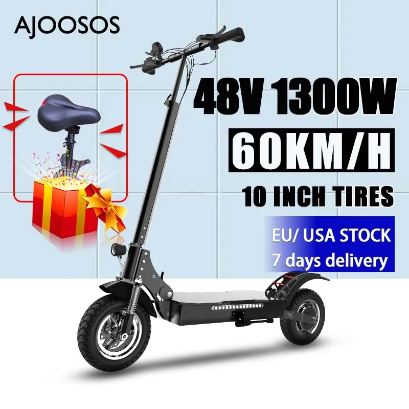 

75KM Range Electric Scooter 48V 1300W 60KM/H E Scooter One Step Folding 10'' Tire Trottinette électrique Seat Gift USA/EU Stock