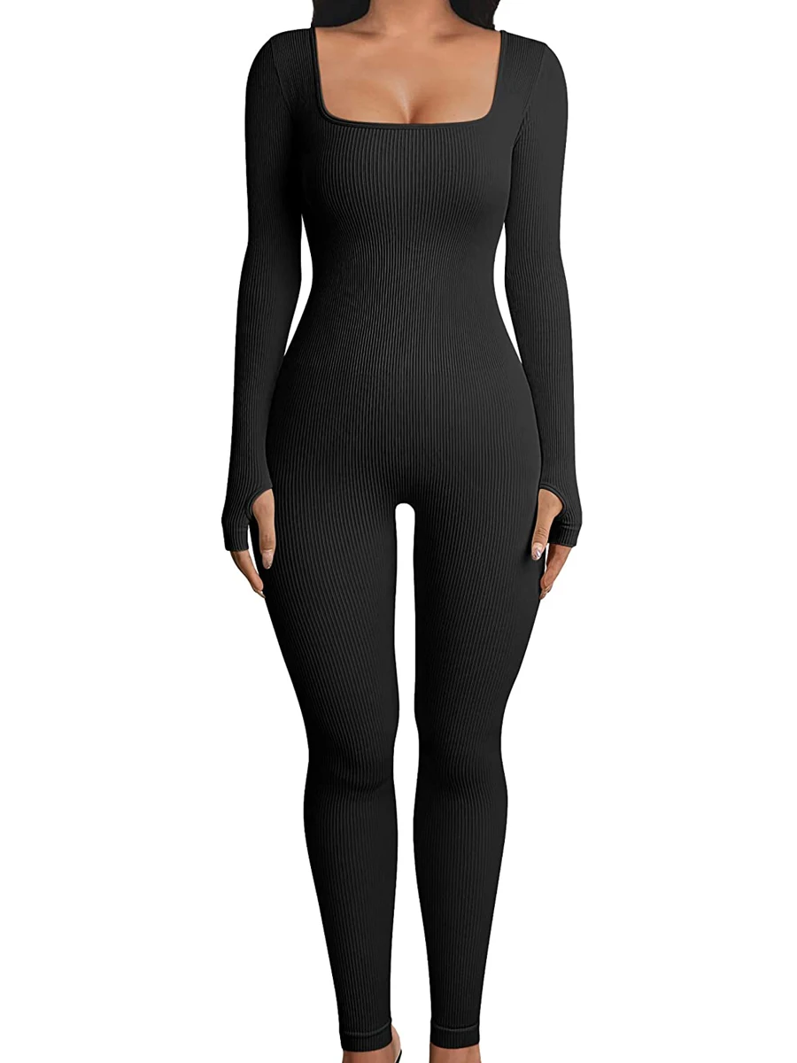 

Women Ribbed Yoga Bell Bottom Flared Jumpsuit Long Sleeve Square Neck Bodycon Rompers Bodysuit Workout Playsuit