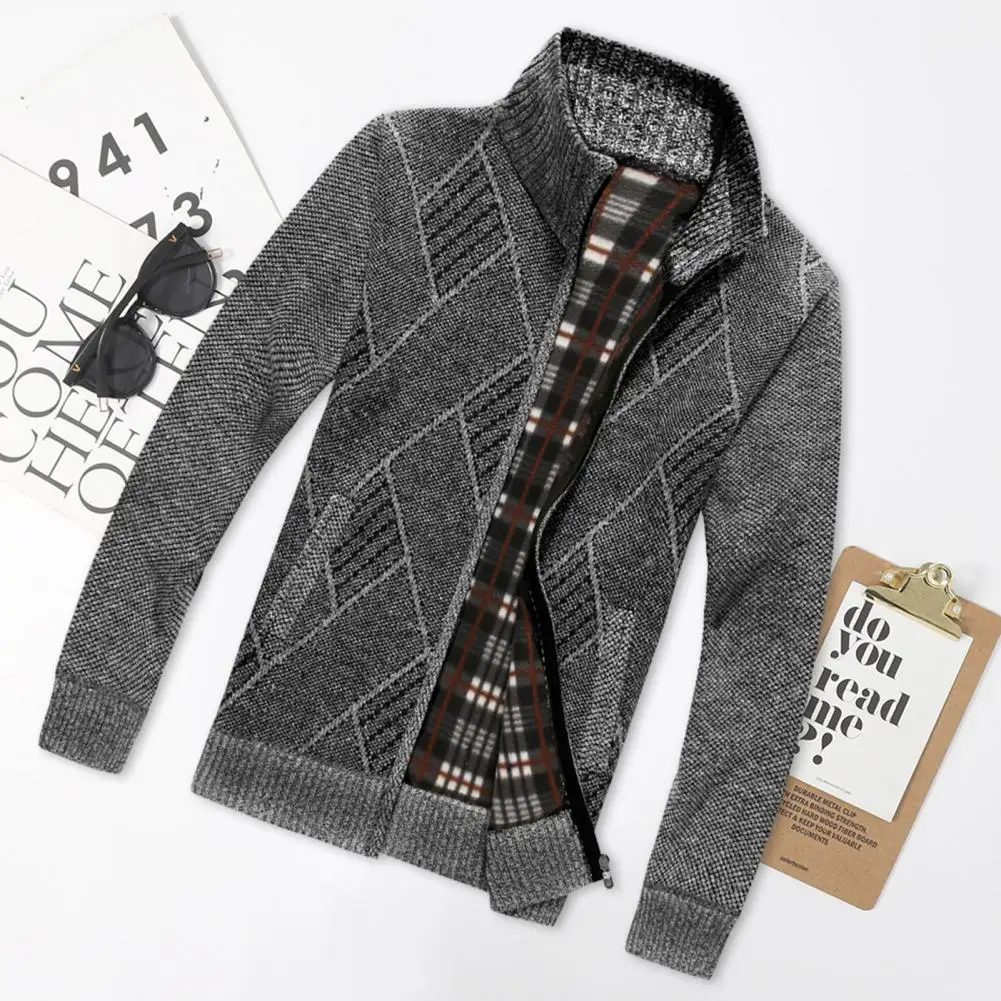 

Men Winter Coat Stylish Men's Geometric Print Cardigan Sweater Thick Knitted Stand Collar Zipper Closure for Fall/winter Winter