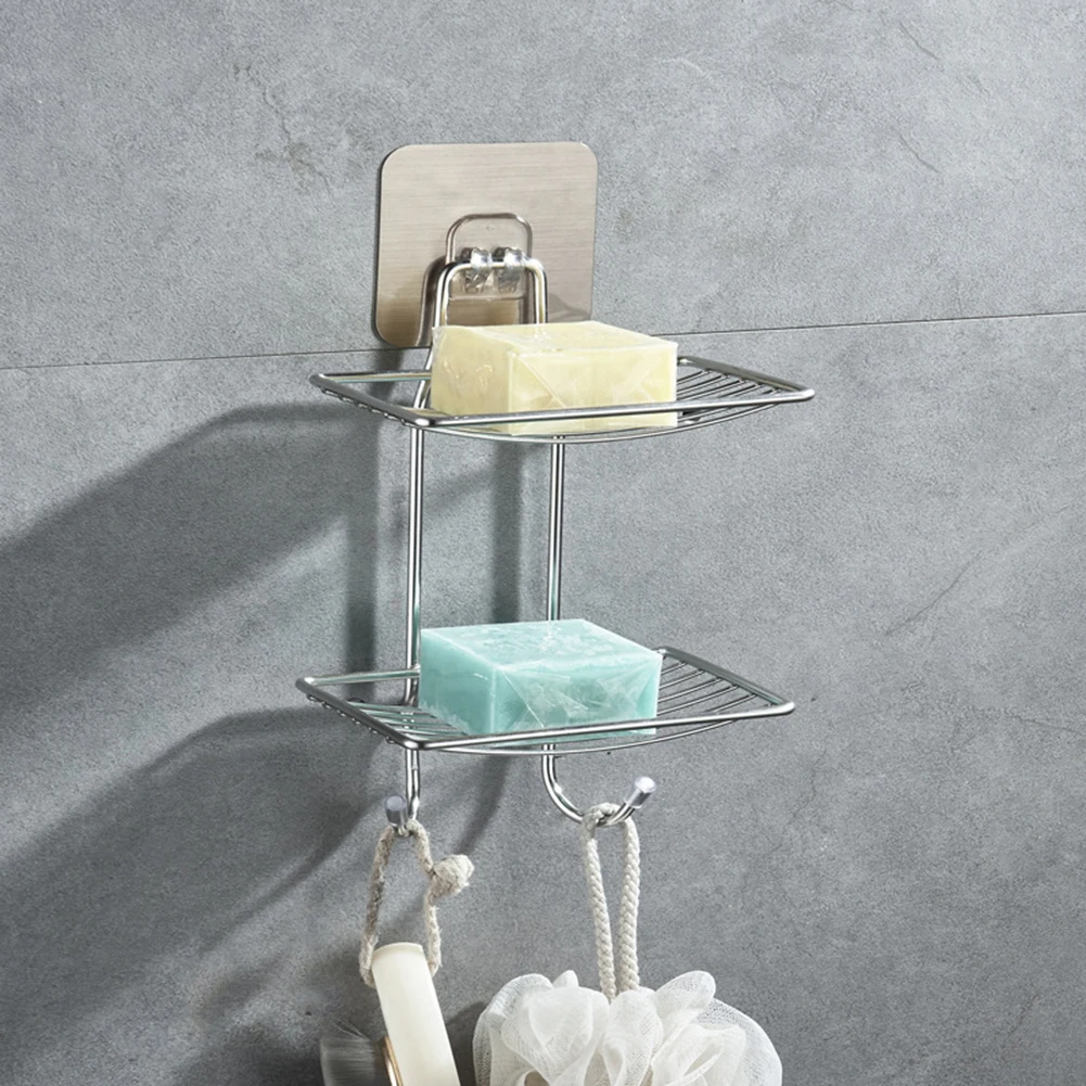 

Stainless Steel Double Layer Soap Holder Bathroom Shelves 33*14*9cm Hollow Design Suction Wall Soap Rack Bathroom Accessories