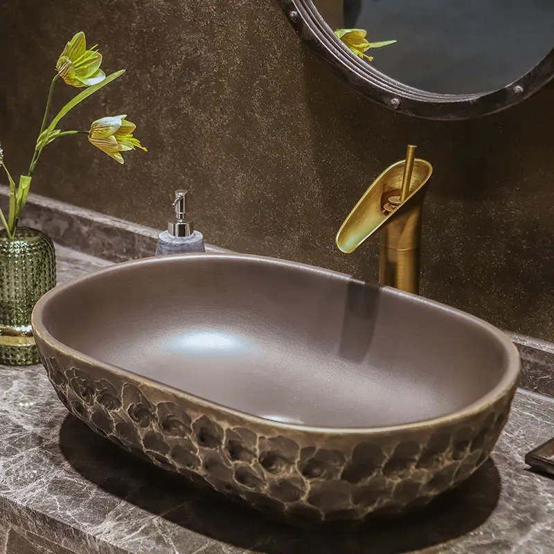 

Washbasin Household Antique Ceramic Art Retro Single Basin Above Counter Large