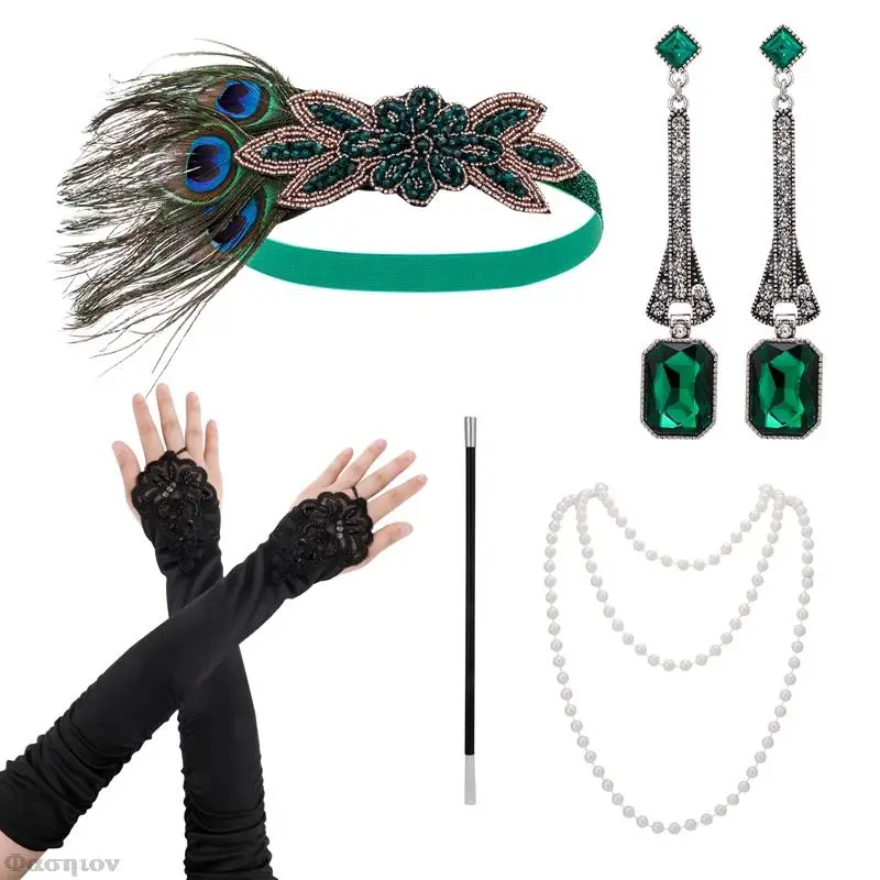 

1920s Flapper Accessories Gatsby костюм набор аксессуаров 20s Flapper повязка на голову жемчужное ожерелье перчатки пластиковый держатель серьги Новинка