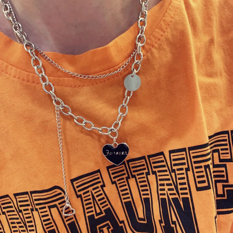 

Korean Style Stacking Black Heart Letter Stitching Necklace Double Fashion Cute Clavicle Chain