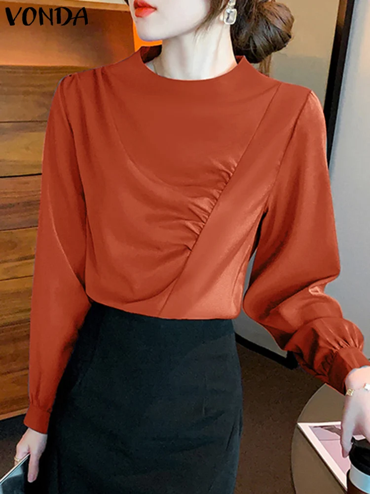 

2023 VONDA Elegant Satin Women Blouses Summer Casual Solid Color Silk Shirt Long Sleeve Party Tunic Tops Pleated Blusas Feminina