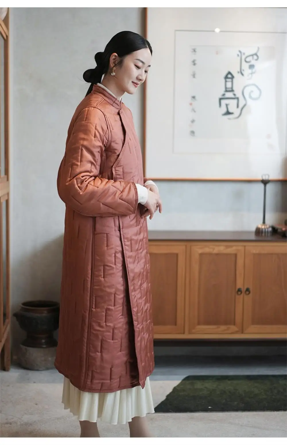 Winter new long single-breasted vintage skinny mulberry silk cotton jacket