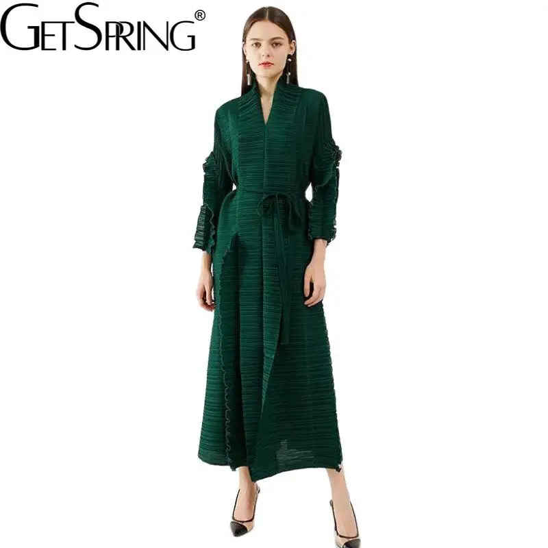 

GetSpring женское платье, винтажное зеленое плиссированное платье с длинным рукавом, темпераментные женские платья, длинные летние платья, нови...