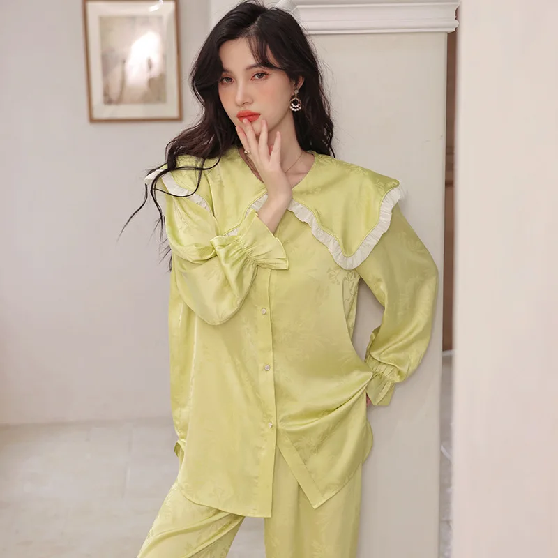 

Jxgarb весна-осень новый атласный жаккардовый пижамный комплект с большим воротником для молодых девушек 2023 милый ночной пижамный комплект в ...