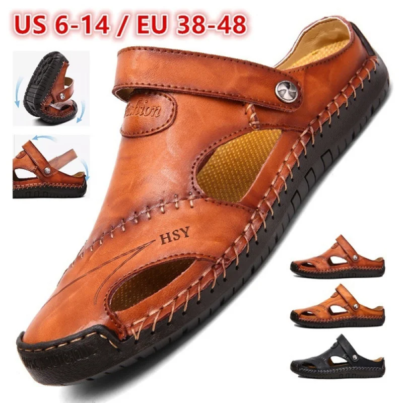 

2022 Summer Men Fashion Casual Shoes Leather Sandals Beach Slippers Hand Stitching Flat Shoes Breathable Shoes EU38-48
