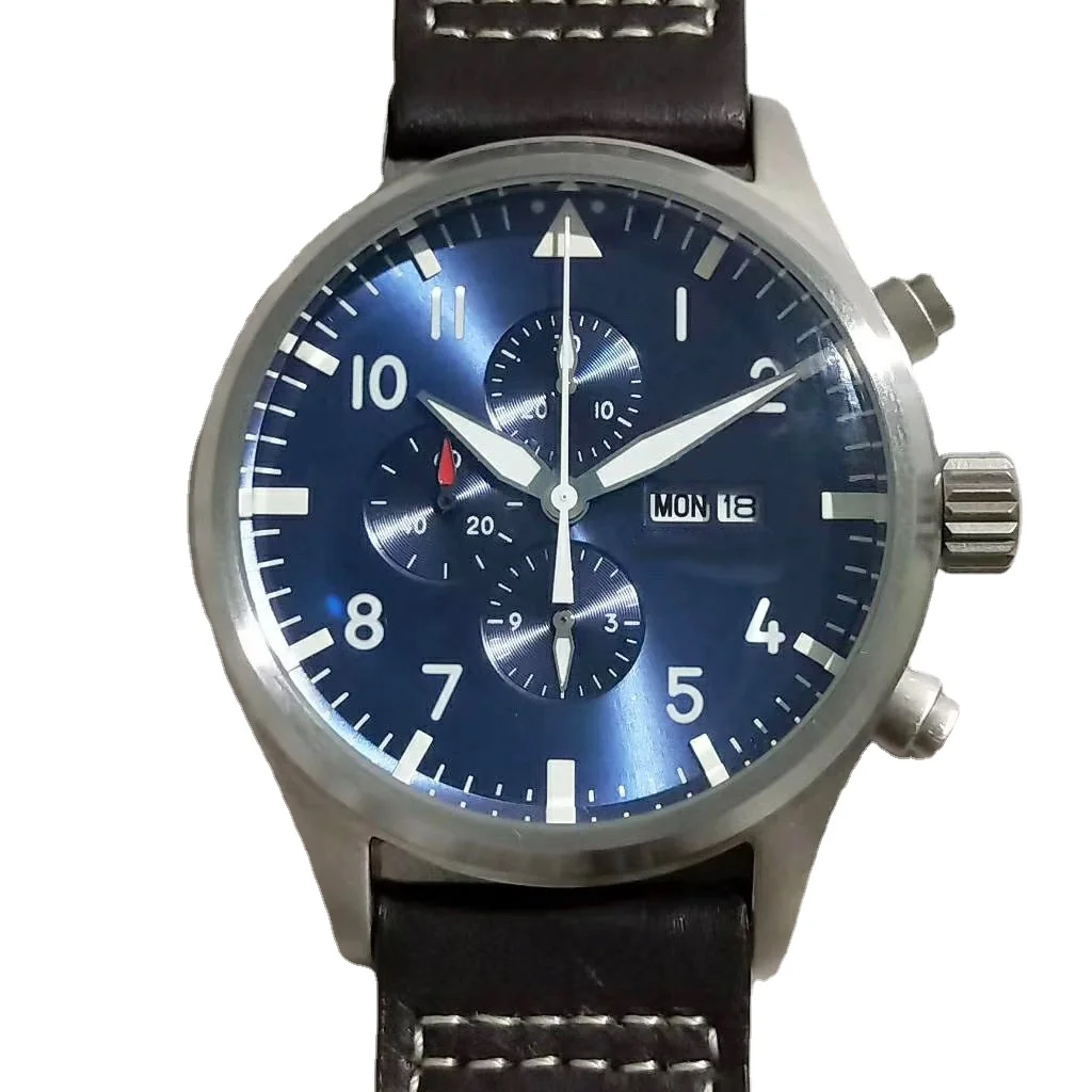 

mens mechanical watch automatic Pilots black leather blue