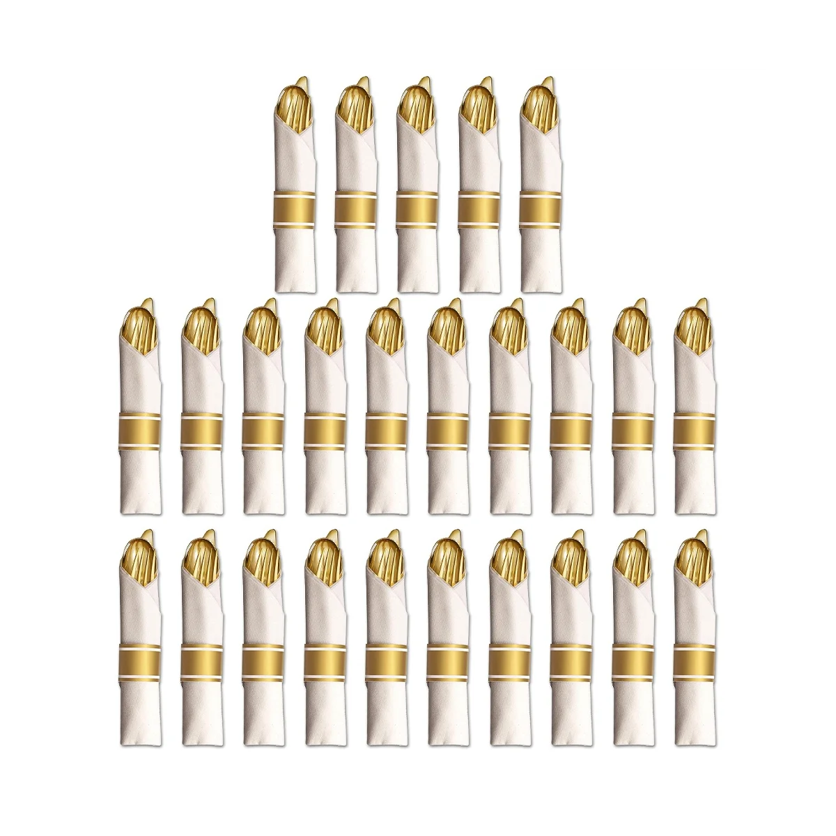 

25 Pre Rolled Gold Plastic Silverware - Wrapped Disposable Silverware Set with Forks, Knives, Spoons, White Napkins