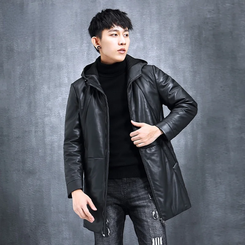 

100% натуральная овчина кожаные куртки 2023 Осень Зима куртка с капюшоном на белом утином пуху Мужская одежда Мужская куртка Gmm589