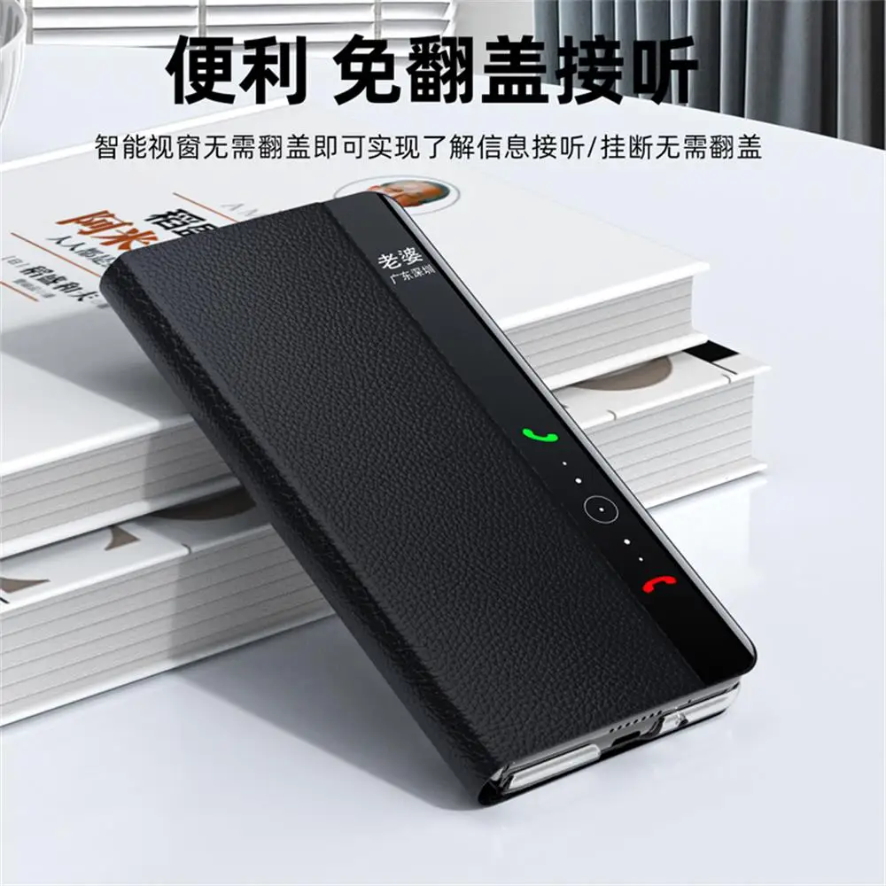For Huawei Mate X3 Case Luxury Litchi Grain Plain Leather Intelligent Window Folding Shockproof Protection Hard Case Accessories
