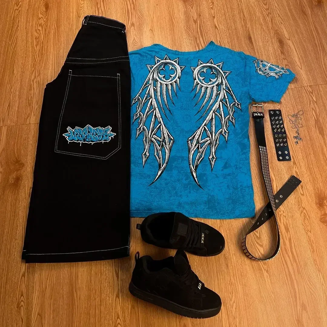 Harajuku Tapout and Wexwear Костюм Джинсы с графической вышивкой Черные брюки для скейтборда