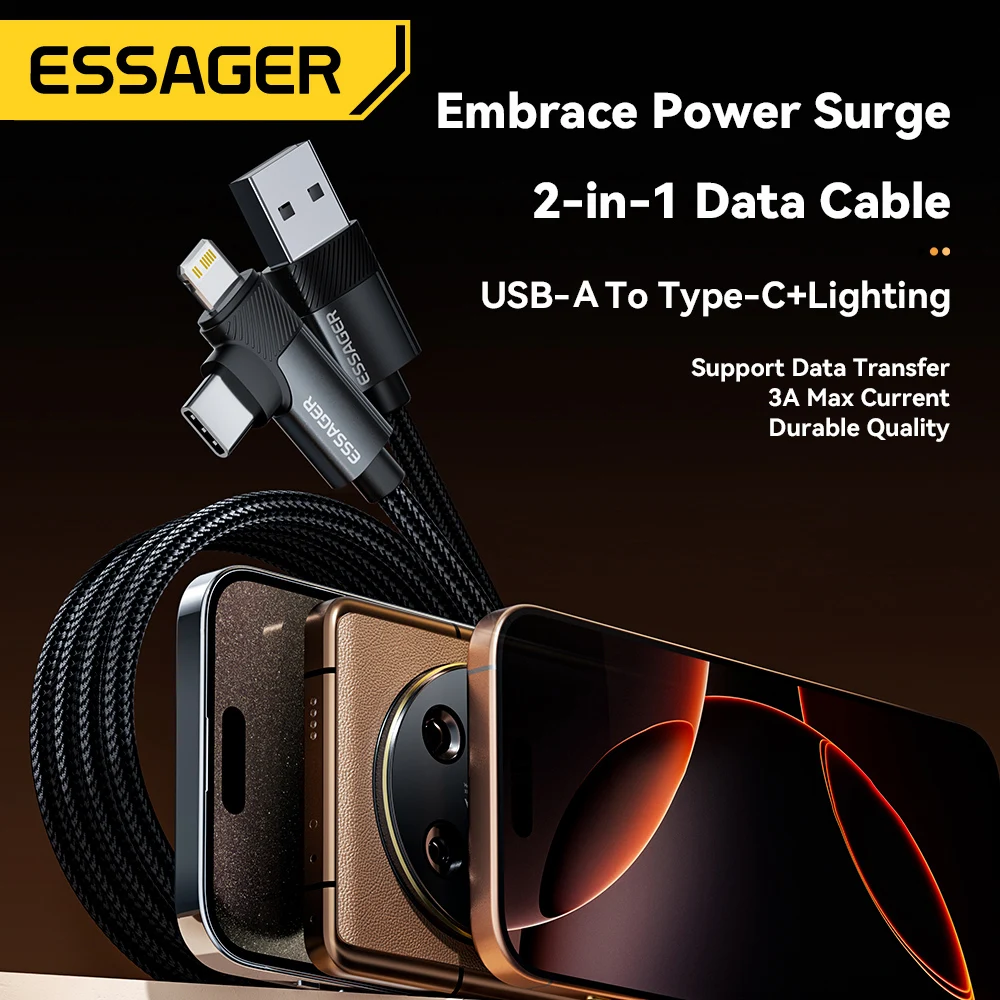 Фото Прямоугольный кабель Essager 2 в 1 USB A для Typec Lighting 3A, локоть для быстрой зарядки, кабель для передачи данных для iPhone 16 15 14 Samsung iPad Pro №2