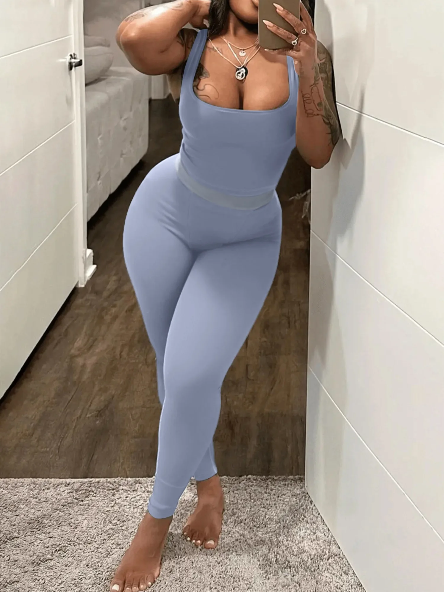 LW BASICS Однотонный укороченный топ на бретельках скинни эластичные брюки комплект